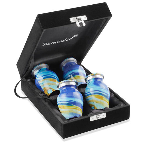 Keepsake Set of 4 Cremation Urns for Human Ashes - Blue Swirl